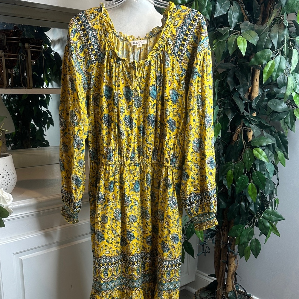 EUC Elegant Boho Yellow Floral Long Sleeve Dress, XL